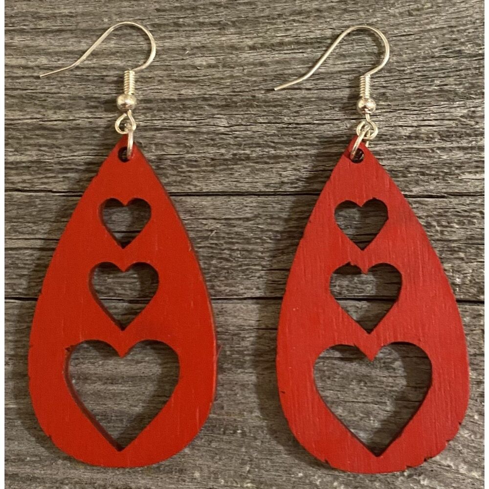 Wood Earrings - 2" x 1.14" Triple Heart Teardrop - Apple Red - E008-53